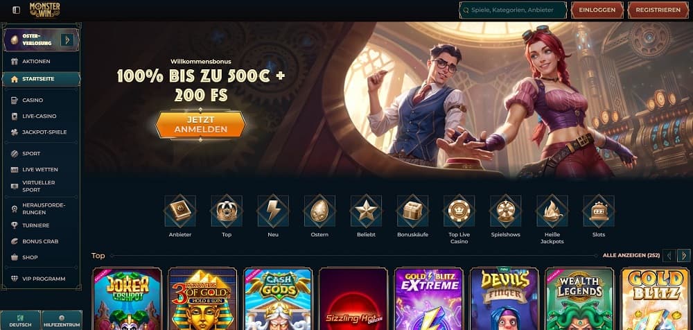 Screenshot der Monsterwin Casino-Startseite mit auffälligem Header, Werbebanner und Rasterlayout mit beliebten Spielen.